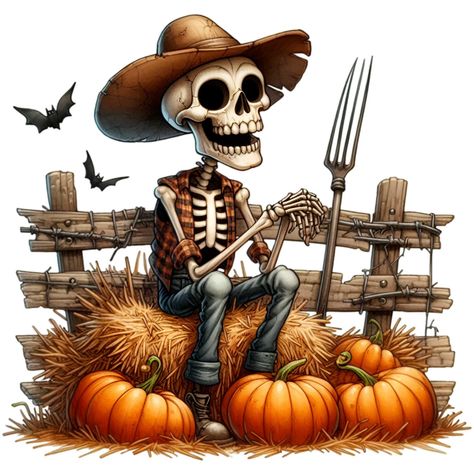 Crow Jack O Lantern, Farmer Skeleton, Skeleton Sitting, Farming Tools, Bats Flying, Thema Halloween, Bat Flying, Skeleton Illustration, Jack O'lantern