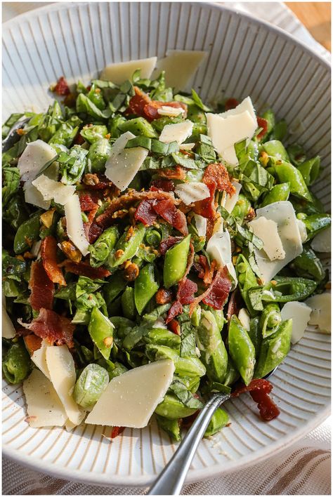 Snap Pea Salad with Lemon Parmesan Dressing - Sugar Maple Farmhouse Lemon Parmesan Dressing, Marinated Steak Kabobs, Sugar Snap Pea Recipe, Snap Peas Recipe, Snap Pea Salad, Pea Salad Recipes, Snap Pea, Orzo Pasta Salad, Salad With Lemon