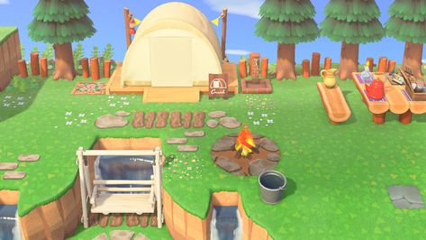 Animal Crossing Camp Site, Camp Site Animal Crossing Ideas, Animal Crossing Island Inspiration Campsite, Camping Site Animal Crossing, Camp Site Animal Crossing New Horizon, Camping Animal Crossing New Horizon, Acnh Camping Site Ideas, Acnh Camping Site, Animal Crossing Campsite Ideas