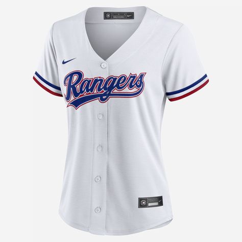 The MLB Texas Rangers Jersey helps deliver a comfortable fit with its polyester material. It features team details to add authenticity to your look on game day. Rangers Outfit Women, Texas Rangers Outfit Women, Texas Rangers Outfit, Baseball Jersey Outfit Women, Texas Rangers Shirts, Baseball Jersey Outfit, Rangers Shirt, Jersey Nike, Jersey Outfit