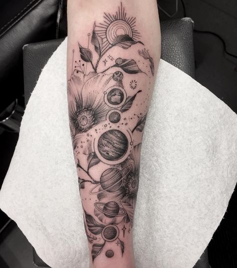 240+ Brilliant Science Tattoo Ideas and Designs (2023) - TattoosBoyGirl Solar System Wrap Around Tattoo, Moon Phases Tattoo Sleeve, Solar System Half Sleeve Tattoo, Planet Tattoos Sleeve, Space Themed Arm Sleeve, Science And Nature Tattoo, Cosmic Arm Tattoo, Solar System Leg Tattoo, Space Moon Tattoo