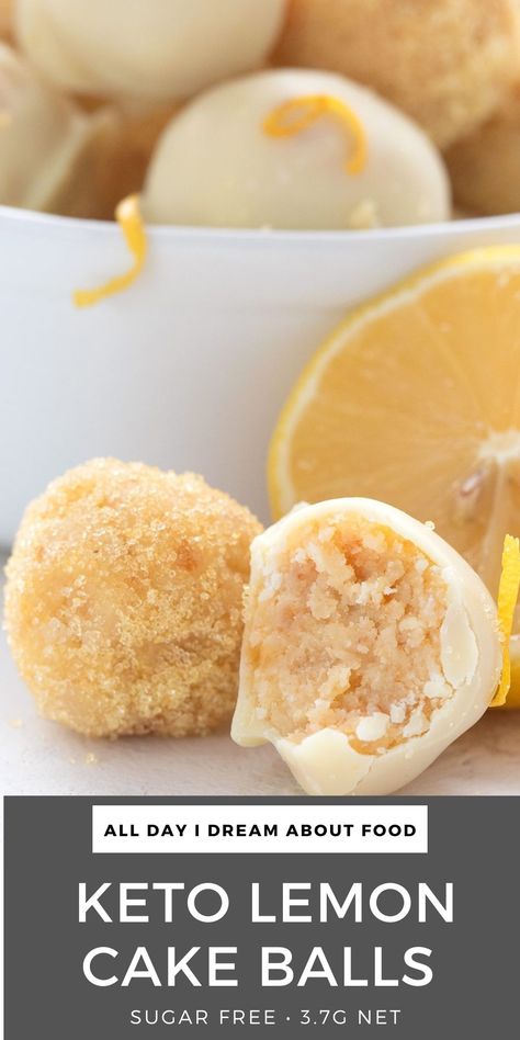 Close up shot of two keto lemon truffles, one with a bite taken out of it. Keto Lemon Balls, Keto Cake Balls Recipe, Keto Lemon Truffles, Keto Cake Balls, Sugar Free Lemon Desserts, Low Calorie Lemon Desserts, Keto Lemon Desserts, Low Carb Salty Snacks, Keto Cake Pops