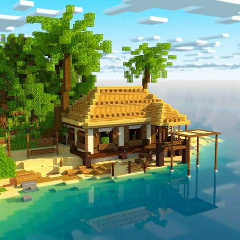 Beach Shack Minecraft, Cute Beach Minecraft Houses, Minecraft Hawaii Ideas, Pool House Minecraft, Turtle Home Minecraft, Minecraft Tiki House, Beach In Minecraft, Minecraft Surf Shop, Minecraft Hawaii House