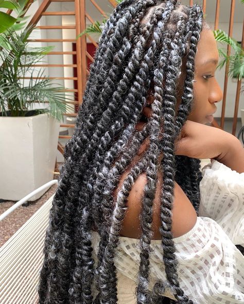 Passion twist in grey color 😍 #prettywithoyinka #goddesslocs #fauxlocs #braids #boxbraids #protectivestyles #naturalhair #locs… Braids And Twists Hairstyles, Ash Grey Hair, Nara Smith, Passion Twist Hair, Braids Boxbraids, Synthetic Braids, Spring Twist Hair, Senegalese Twist Hairstyles, Grey Hair Looks