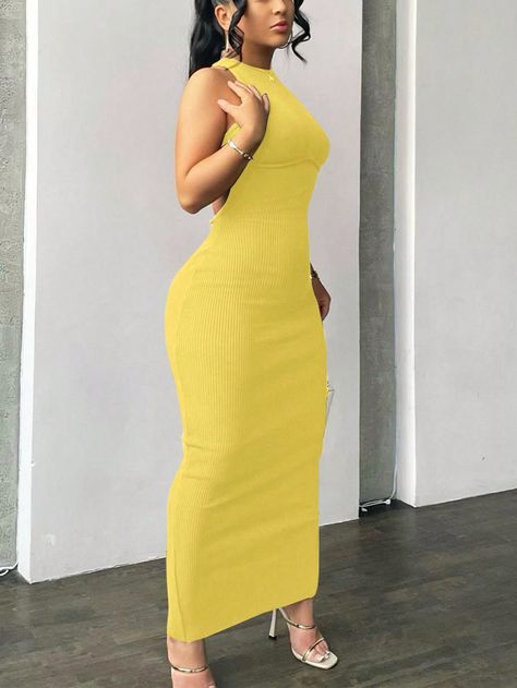 Solid Color Slim Fit Sleeveless Long Dress For SummerI discovered amazing products on SHEIN.com, come check them out! Long Dress For Summer, Beach Long Dress, Long Dress For Women, Long Beach Dress, Summer Yellow, Sleeveless Long Dress, Dress For Summer, Crewneck Dress, Summer Style Casual