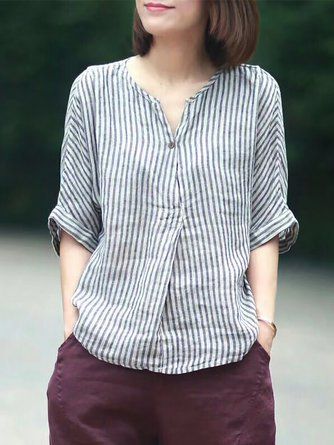 Vivid Linen, Striped Shirt Women, Spring Blouses, Linen Fashion, Half Sleeve Blouse, Linnet, Linen Blouse, Loose Blouse, Linen Top