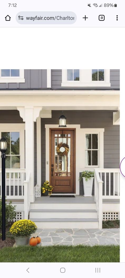 House Exterior Light Grey, Light Grey House Exterior, Wood Doors White Trim, Front Door Steps, Gray House Exterior, Front Deck, Grey Houses, White Trim, Wood Doors