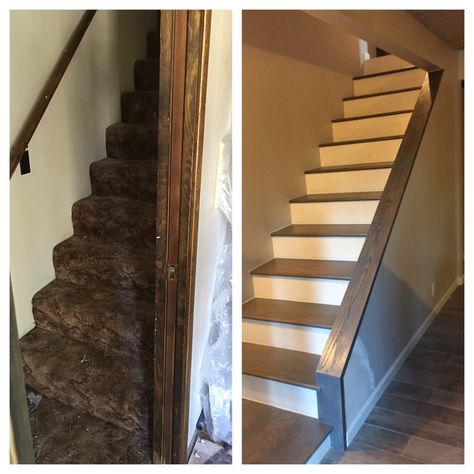 Before and after staircase opened up- added landing at the bottom and rebuilt staircase so it is less steep Small Open Staircase Ideas, Closed To Open Staircase Remodel, Open Staircase Before And After, Opening Up A Staircase Before And After, Opening A Closed Staircase, Staircase Makeover Before After, Open Up Basement Staircase, Open Enclosed Staircase, Narrow Steep Staircase Ideas