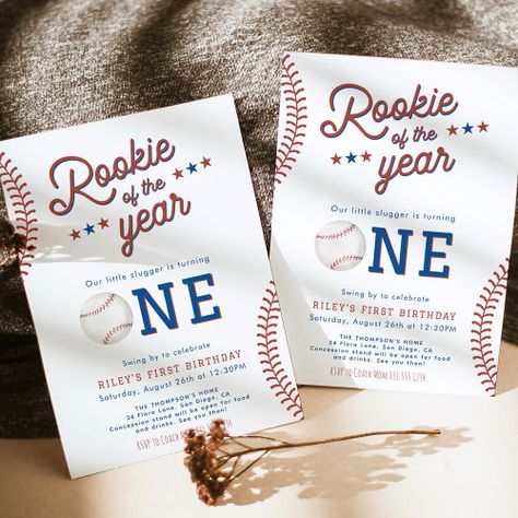 Rookie of the Year First Birthday Baseball Party for $3.03 - Birthday Invitations Baseball Fourth Birthday, Baseball 4th Birthday Party, Baseball Party Invitations, Baseball Theme Birthday, Baseball First Birthday, Boys First Birthday Party Ideas, Boys 1st Birthday Party Ideas, Baseball Birthday Party, 1st Birthday Party Themes