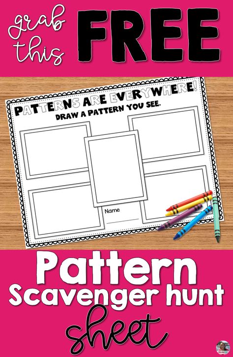 Grab this patterning worksheet and have your students go on a scavenger hunt for patterns around your classroom or school. Students will look for geometric and repeating patterns and record them by either drawing a picture of what they see or writing about it. #patterningactivities #patternworksheet #patterningworksheet #worksheetsforfirstgrade #firstgrademathworksheets Grade One Patterning Activities, Hands On Pattern Activities, Patterns Grade 1, Pattern Activities For Kindergarten, Math Patterns Activities, Activities For First Grade, Drawing A Picture, Teaching Patterns, Math Exercises