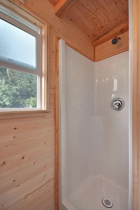 160 Sq. Ft. Tiny House on Wheels by Tiny Living Homes Tiny Home Bathrooms Ideas, Tiny Home Bathroom Ideas, Tiny House Shower Ideas, Tiny Home Bedroom Ideas, Small Cabin Bathroom Ideas, Tiny Home Bedroom, Tiny House Bathroom Layout, Tiny Cabin Bathroom, Village Bathroom