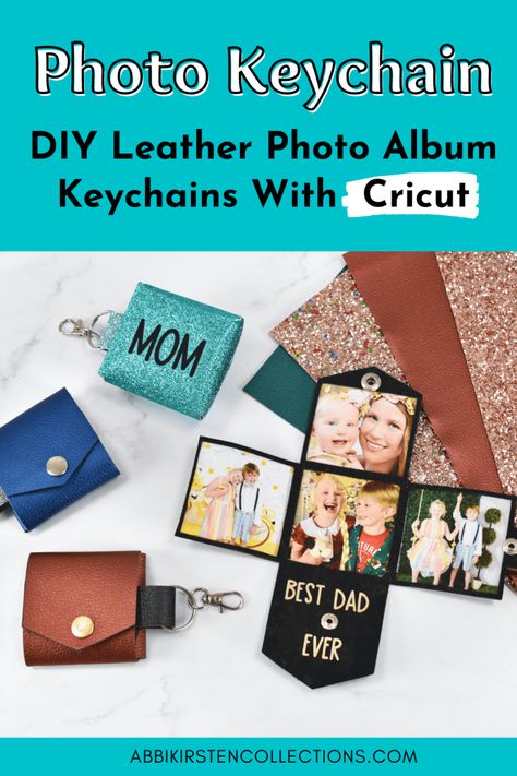 Make personalized DIY photo keychains. Learn to make a keychain with Cricut as a special photo gift for Mother's Day and Father's Day! Keychain With Cricut, Cricut Keychains Diy, How To Make Key Chains Diy, Cricut Photo Projects, Faux Leather Keychain Cricut Tutorial, Picture Keychain Diy, Diy Photo Keychain, Cricut Leather Keychain Template, Cricut Keychain Ideas