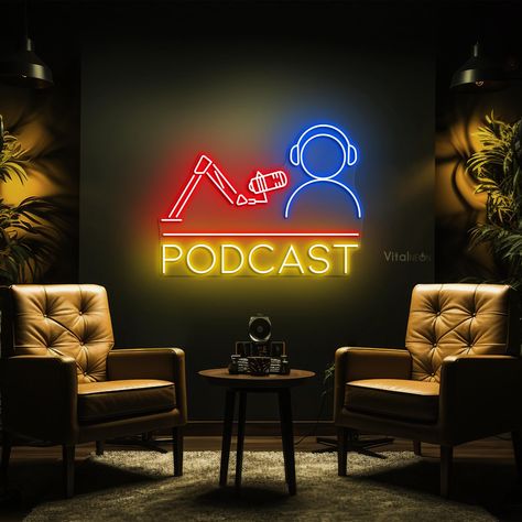 Light Up your space with our Podcast Studio Neon Sign and Microphone LED Light. This stunning and eye-catching piece is ideal for recording studios, live music venues, or personal music rooms. Add a custom neon light to your home or bedroom to create the perfect atmosphere for any occasion, whether for your studio, business, or as a unique gift for friends and family. Purpose: Home decoration Party decor Business decor Gifts for family, friends, or hobbyists ✨ Features: User-friendly, handmade, Home Podcast Studio Setup, Small Music Studio Ideas, Podcast Room Ideas, Podcast Wall, Podcast Set Design, Party Decor Business, Podcast Studio Design, Recording Studio Decor, Music Neon Sign