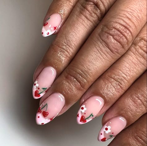 Cherry Heart Valentines Nails, Pink Heart Cherry Nails, Nail Inspo For Paris, Heart And Cherry Nails, 1st Birthday Nails, Pink And Red Cherry Nails, Cherry Valentines Nails, Cherry And Bow Nails, Strawberry Valentines Nails