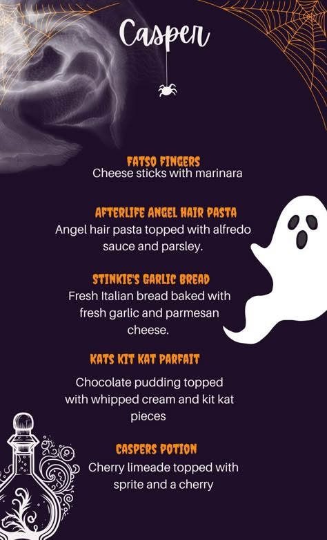 Disney Halloween Movie Night, Casper Themed Dinner, Horror Movie Themed Dinner Ideas, Halloween Night Dinner Ideas, Movie Themed Dinners Ideas, Casper Movie Night Food, Adams Family Movie Night Food, Movie Themed Dinner Ideas Halloween, Fall Movie Themed Dinner Ideas