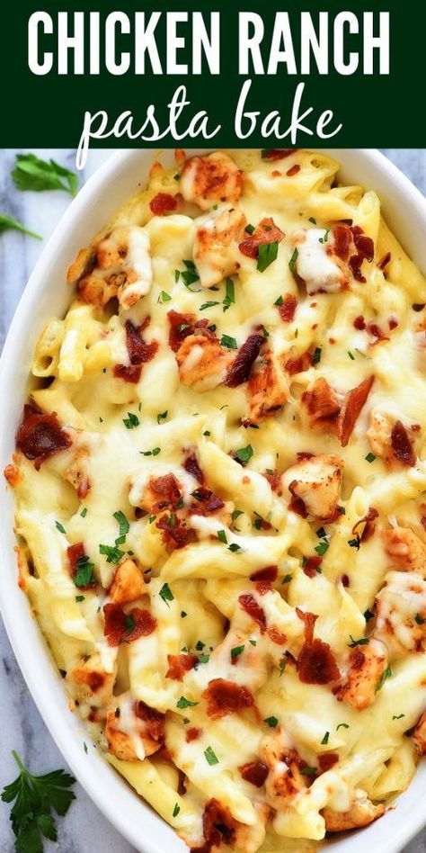 Chicken Ranch Pasta Bake is a simple pasta recipe bursting with creamy ranch flavor. This recipe is easy and delicious!