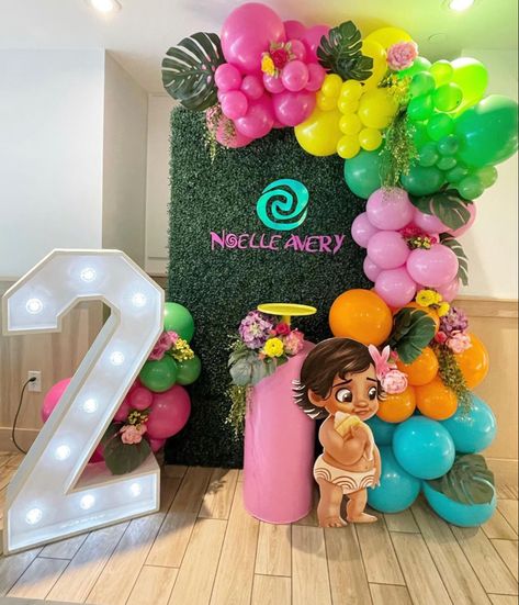 Moana Balloons Decorations, Mohana Decoration Party, Baby Moana Birthday Party Decorations, Moana Backdrop Ideas, Moana Balloon Garland, Moana Balloon Arch, Moana 2nd Birthday Party For Girl, Baby Moana Birthday Party Ideas, Moana 2nd Birthday