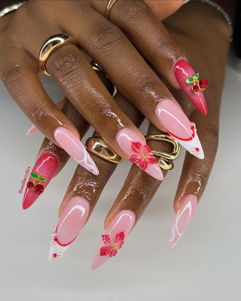 First gel x / freestyle set🍒🌺 #freestyle #gelxnails Freestyle Set Nails, Pink Flame Nails, Freestyle Nails, Set Nails, Unique Acrylic Nails, Nail Inspo, Acrylic Nails, Nails