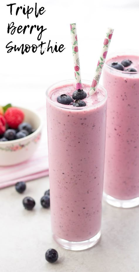 A Triple Berry Smoothie is made with strawberries, raspberries, blueberries, Greek yogurt, honey and ice for a really quick and refreshing breakfast or snack anytime | Healthy smoothies | mixed berry smoothie | breakfast smoothie | #smoothie Smoothie Recipes With Greek Yogurt, Greek Yogurt Drink Recipes, Triple Berry Smoothie Recipe, Berry Smoothie Recipe Healthy, Mixed Berry Smoothie Recipes, Yogurt Berry Smoothie, Smoothie With Greek Yogurt, Berry Breakfast Smoothie, Greek Yogurt Smoothie Recipes