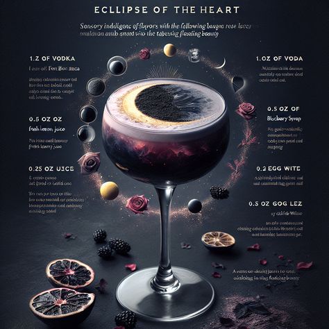 Eclipse of the Heart, A smooth, complex cocktail designed to numb the senses Cocktails Bar Design, Eclipse Cocktail Ideas, Space Cocktails, Gourmet Cocktails, Eclipse Cocktail, Creative Alcoholic Drinks, Date Night Cocktails, Unique Alcoholic Drinks, Bartender Drinks Recipes