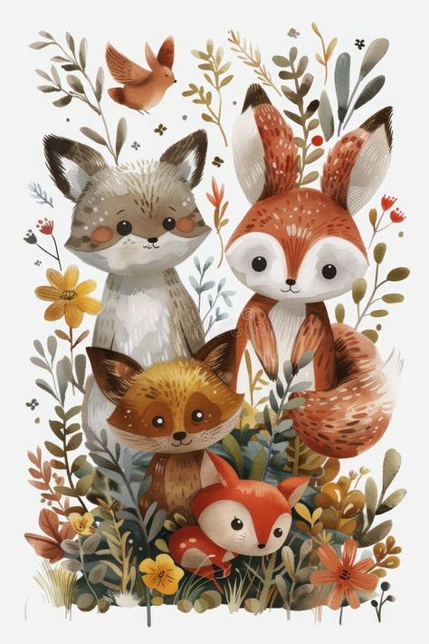 Cute Woodland Animals Illustration with Fox, Squirrel, and Bird in Floral Forest Setting stock photography Woodland Illustration, Squirrel Illustration, Fox Squirrel, Woodland Animals, Animal Illustration, Stock Photography, Fox, Photo Image, Forest