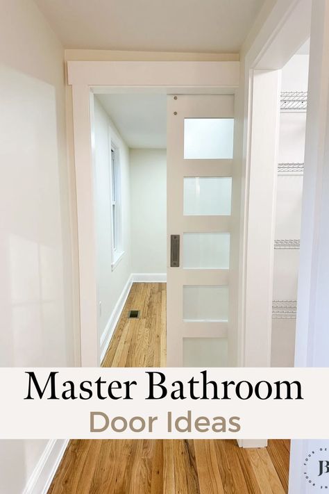 master bathroom door ideas including pocket and sliding Bathroom No Door Master, Door From Bedroom To Bathroom, Bedroom Bathroom Door Ideas, Master Bath Doors, Small French Doors Bathroom, French Door Bathroom Entrance, Bathroom With No Door Ideas, Ensuite Bathroom Door Ideas, Bathroom With French Doors