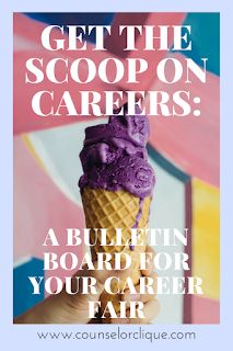 Get the Scoop On Careers: A Bulletin Board For Your Career Fair - Counselor Clique Career Day Bulletin Board Ideas, College And Career Bulletin Board, Career Lessons, Counseling Bulletin Boards, High School Bulletin Boards, School Counselor Resources, High School Counselor, High School Counseling, Career Day