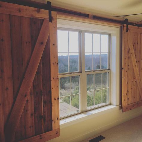 Barn Door hangers used to create window coverings in a woman cave!  Created by Tart Custom Millwork Shop.  703-450-6464 Barn Door Window Covering, Exterior Door Styles, Barn Door Window, Window Shutters Exterior, Door Window Covering, Interior Window Shutters, Custom Millwork, Inside Barn Doors, Rolling Barn Door