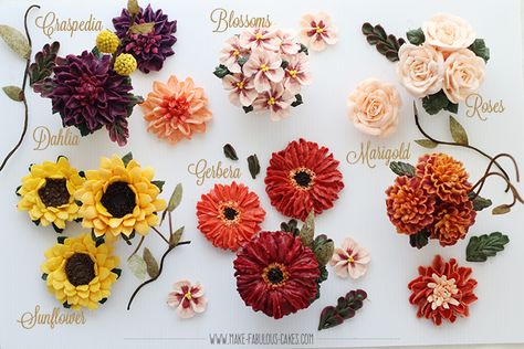 Red Buttercream Flowers, Buttercream Fall Flowers Tutorial, Fall Flowers Cake Buttercream, Fall Floral Cakes Buttercream, Buttercream Fall Flowers, Realistic Buttercream Flowers, Fall Flower Cake Ideas, Fall Buttercream Flowers, Autumn Cakes