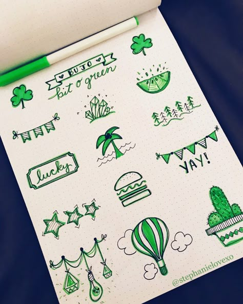 Bit O’ Green doodles for St. Patrick’s Day! Green green and more green! Bullet journal Bujo journal bonus page! #bujo #bulldog  #bujocommunity #green #stpatricksday #art #artist #planner #planning #sketch #doodle Green Design For Journal, March Calendar Doodles, Green Doodles Aesthetic, Green Journal Ideas, Green Journal Aesthetic, March Drawings, Green Bujo, March Doodles, Green Drawing Ideas