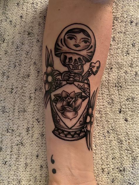 Russian Nesting Doll Tattoo, Russian Doll Tattoo, Nesting Doll Tattoo, Skeleton Heart, Doll Tattoo, Skeleton Tattoos, Russian Nesting Dolls, American Traditional Tattoo, Russian Doll