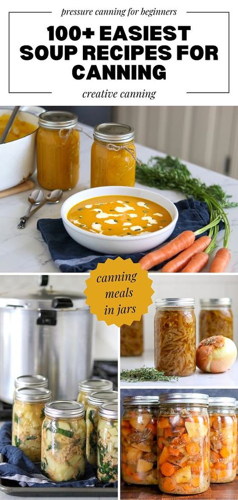 Discover 100+ easiest soup recipes for canning to make your meal prep a breeze. These simple and tasty recipes, including tomato soup, taco soup, and bone broth, are perfect for stocking up your pantry with homemade goodness. Find more soup appetizers, comfort soup recipes, healthy soup recipes, and Pressure Canning for Beginners at creative Beginner Canning Recipes, Soup To Can, Soup Recipes For Canning, Pressure Canning For Beginners, Taco Soup Canning Recipe, Soup For Canning Recipes, Soups For Canning, Canning Potato Soup Recipes, Soups Good For Canning