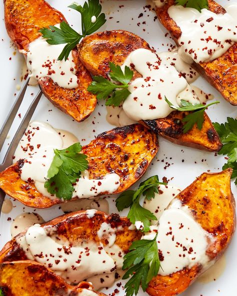 Roasted Sweet Potatoes with Tahini | PrimalGourmet Sweet Potatoes Tahini, Primal Gourmet, Easy Whole 30 Recipes, Roasted Sweet Potato, Sides Recipes, Paleo Diet Recipes, Veggie Side Dishes, Whole30 Recipes, Paleo Whole 30