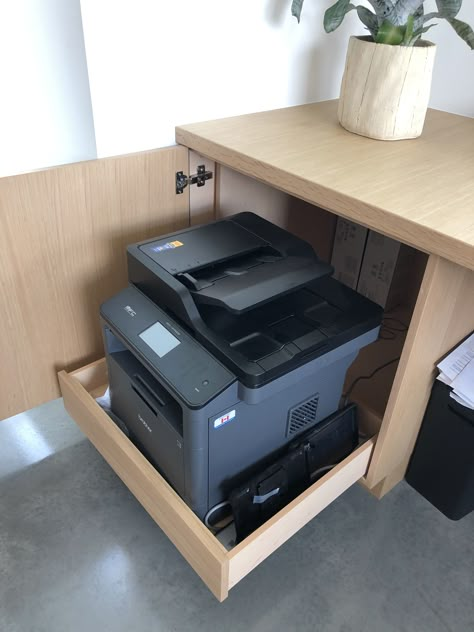 Desk Setup Printer, Printer Hidden Storage, Home Office With Printer Storage, Hiding Printer In Living Room, Hide Printer In Home Office, Home Office With Printer, Ikea Printer Storage, Home Office Printer Storage Ideas, Office With Printer