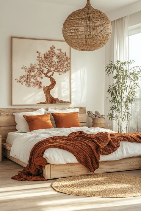 Transform your bedroom with stunning wall art ideas! This boho-chic bedroom features warm earthy tones and a beautiful tree artwork that adds a touch of nature. Discover more decor inspiration and create your dream space. #WallArtIdeas #BohoDecor #HomeInspiration Cosy Bedroom Ideas Aesthetic, Natural Bedroom Decor Earth Tones, Floral Boho Bedroom, Boho Earthy Bedroom, Earthy Tone Bedroom, Desert Inspired Bedroom, Earth Tones Interior, Earthy Boho Bedroom, Spa Inspired Bedroom