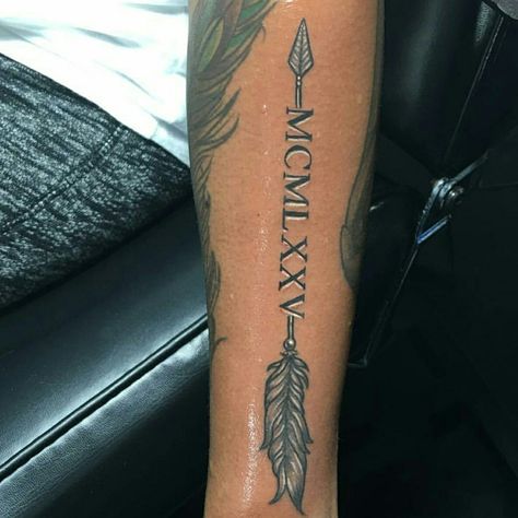 Arrow tattoo with roman numerals Roman Numeral Tattoo Arm, Mens Arrow Tattoo, Tattoo Name Fonts, Tattoo Arrow, Roman Numeral Tattoos, Date Tattoos, Dragon Tattoo For Women, Small Tattoos With Meaning, Small Tattoos Simple