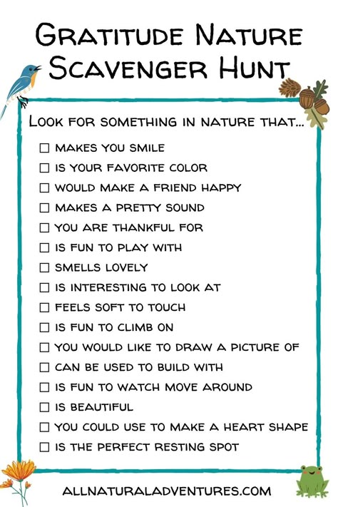 For a fun and meaningful outdoor activity with kids, try this gratitude nature scavenger hunt! It’s perfect for adding a little thankfulness while hiking, camping or even playing in your own backyard. Gratitude Nature Scavenger Hunt, Cabin Scavenger Hunt, Fall Nature Walk Scavenger Hunt, Kids Hiking Scavenger Hunt, Nature Scavenger Hunt For Adults, Nature Therapy Activities, Summer Scavenger Hunt For Kids, Fall Nature Scavenger Hunt For Kids, Nature Scavenger Hunt For Teens