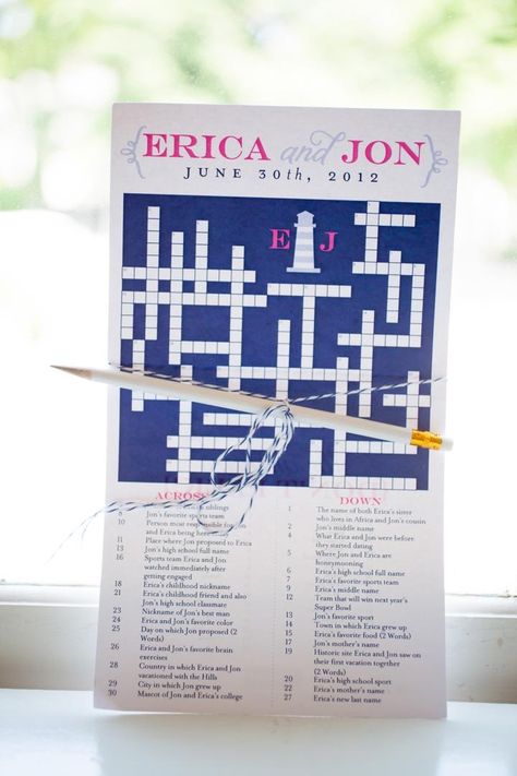 Wedding Crossword Puzzle, Activity Photography, Puzzle Wedding, New England Summer, Wedding Puzzle, England Summer, Couples Monogram, Wedding Activities, Wedding Inside