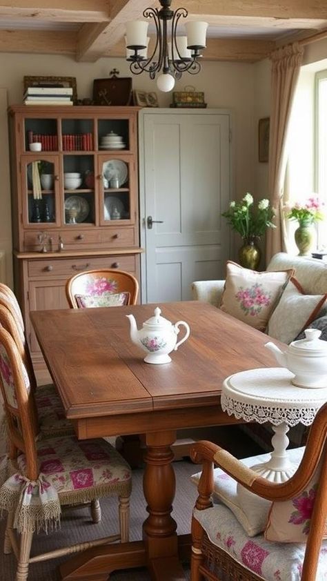 10 Essential Elements for English Cottage Interiors English Cottage Style Dining Room, English Farmhouse Interiors, Vintage English Cottage Interiors, Victorian Cottage Interior, English Cottage Dining Room, Country English Decor, Old English Cottage Interiors, Country Kitchen Diner, Country House Living Room