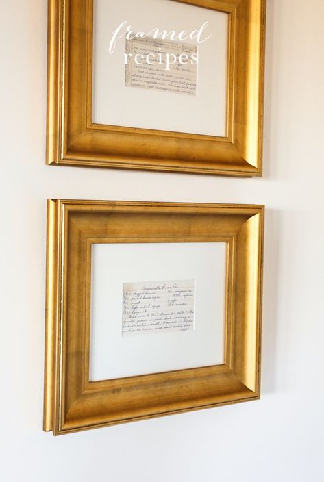 Empty Wall Ideas Kitchen, Kitchen Empty Wall Ideas, Family History Photo Wall, Picture Frame Painting Ideas Diy, Framed Objects, Framed Recipes, Gold Room, Julie Blanner, Photos Wall