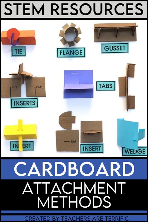 If your students have problems with connecting cardboard pieces in STEM class this post is for you! Techniques for attaching carboard pieces are simple. This article has images to help and an idea for creating a cardboard attachment display students can refer to later. Attachment Techniques, Cardboard City, Stem Students, Stem Books, Stem Classes, Stem Teacher, Cardboard Sculpture, Stem Projects, Cardboard Art