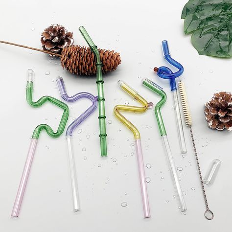 6 Pcs Multicolor Clear Curved Reusable Glass Straws | Colored Glass Drinking Straws | Bendy Straws | Cute Straws | Crazy Straws | Silly Straws | with 6 Pcs Glass Straw Caps and a Cleaning Brush Silly Straws, Crazy Straws, Fun Drink Recipe, Tea Juice, Hobbit Hole, Glass Straws, Cooking Kitchen, Drink Recipes, Fun Drinks