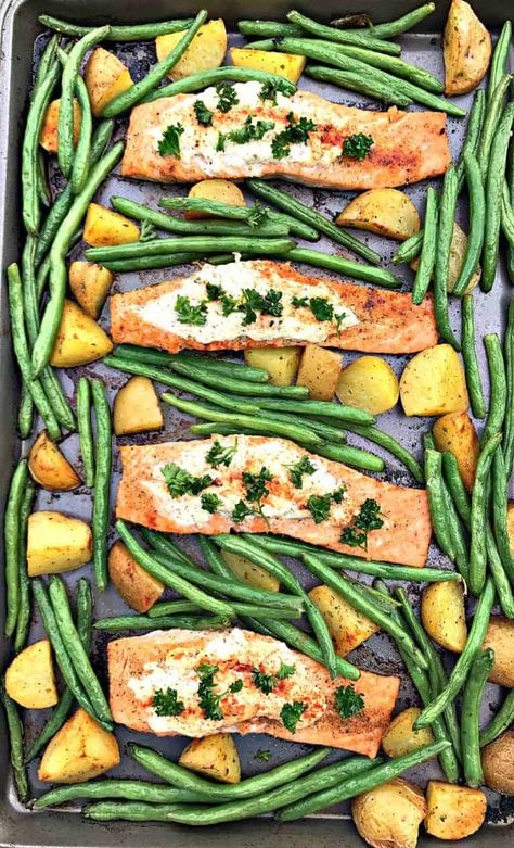 Roasted Potatoes And Green Beans, Herb Goat Cheese, Keto Sheet Pan, Salmon And Veggies, Potatoes And Green Beans, Stuffed Salmon, Goat Cheese Recipes, Healthy Pizza, Cheese Stuffed