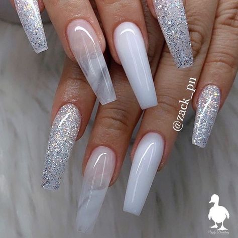 Unghie Sfumate, White And Silver Nails, Long Acrylic Nail Designs, Ombre Acrylic Nails, Glamour Nails, White Acrylic Nails, Cute Acrylic Nail Designs, Long Acrylic Nails Coffin, Acrylic Nails Coffin Short