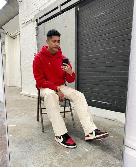 Red Hoodie Outfit Men, Red Jordan 1 Outfit, Hoodie Outfit Men Streetwear, Hoodie Men Outfit, Red Hoodie Outfit, Red Hoodie Men, Red Sneakers Outfit, Red Jacket Outfit, Hoody Outfits