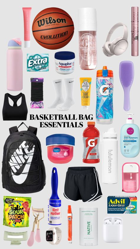 what to keep in your basketball bag 💕 #basketball #aesthetic #trendy #bag #sports #girlie Basketball Bag Essentials, Sports Bag Essentials, Basketball Game Outfit Women, Cool Basketball Wallpapers, Basketball Aesthetic, Basketball Game Outfit, Volleyball Bag, Basketball Bag, Basketball Practice