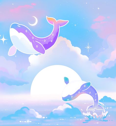 Whale Cute Drawing, Cute Whale Drawing, Kawaii Whale Wallpaper, Bts Whale, Whale Kawaii, Whale In The Sky, Sky Whale Art, Cute Computer Backgrounds, Whales In Space