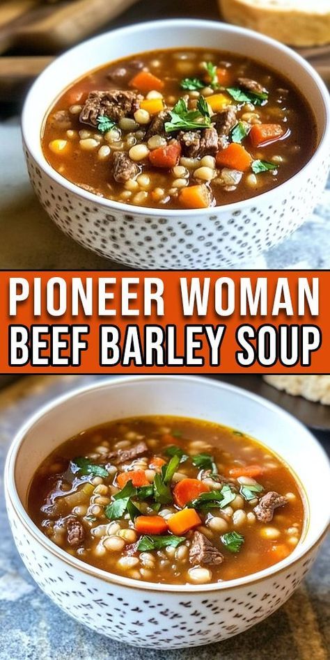 🍲 Inspired by the Pioneer Woman, this hearty Beef Barley Soup is filled with tender beef, barley, and fresh veggies. It's the ultimate cozy meal for fall and winter nights! Perfect for slow cooking or making ahead. 🌿 #BeefBarleySoup #PioneerWomanRecipe #SoupSeason #ComfortFood #SlowCookerSoup #HeartyMeals #FallRecipes Beef Barley Soup Stovetop, Crockpot Beef Barley Soup, Vegetable Beef Barley Soup, Fall Soups And Stews, Chicken Barley Soup, Seasoned Vegetables, Barley Soup Recipe, Vegetable Barley Soup, Meal Rotation