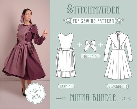 "STITCHMAIDEN | MINNA BUNDLE 3-in-1 | PDF sewing pattern * This is a digital download PDF pattern * language: english ✧ DISCOUNTED PRICE ✧ ✧ 3-in-1 BLACKBERRY DRESS, JASMINE PINAFORE & BEGONIA BOW SEWING PATTERN Long-sleeve fitted bodice Blackberry dress for the colder season paired with the Jasmine Pinafore - the perfect cottagecore outfit for the practical and modest lady. Paired with the Begonia Bow this outfit gets a cute touch - lovely for the vintage vibe. -- ✦ ✦ BLACKBERRY ✦ ✦ -- 3 VERSIONS Combine as you like, to create a unique Blackberry dress matching your style best. We included 3 versions in the sewing instructions to teach you all required techniques. Choose from 3 skirt lengths, 2 keyhole designs, 3 sleeves, 4 collars and 2 different closures. ✦ Skirt Lengths: short, knee-le Sewing Pattern Cottagecore, Cottagecore Sewing Pattern, Bow Sewing Pattern, Modest Dress Patterns, Bow Sewing, Skirt Lengths, Witchy Dress, Pattern Language, Cottagecore Outfit