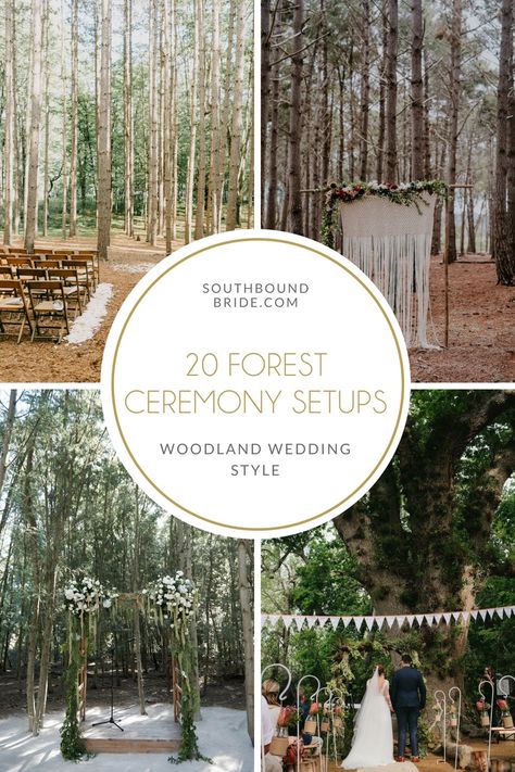 20 Magical Forest Wedding Ceremony Setups | SouthBound Bride Woods Wedding Ceremony, Magical Forest Wedding, Forest Wedding Decorations, Ideas For Wedding Ceremony, Wedding Themes Ideas, Woodland Wedding Ceremony, Treehouse Wedding, Forest Wedding Ceremony, Buffet Wedding Reception